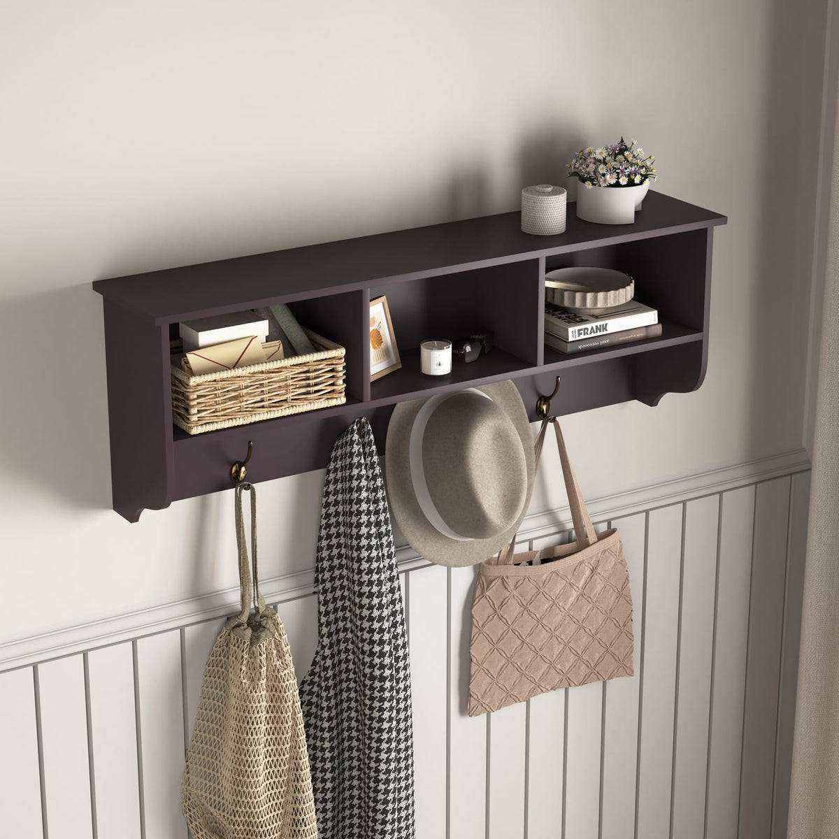 Espresso MDF Entryway Coat Rack with Hooks - 38.58"W