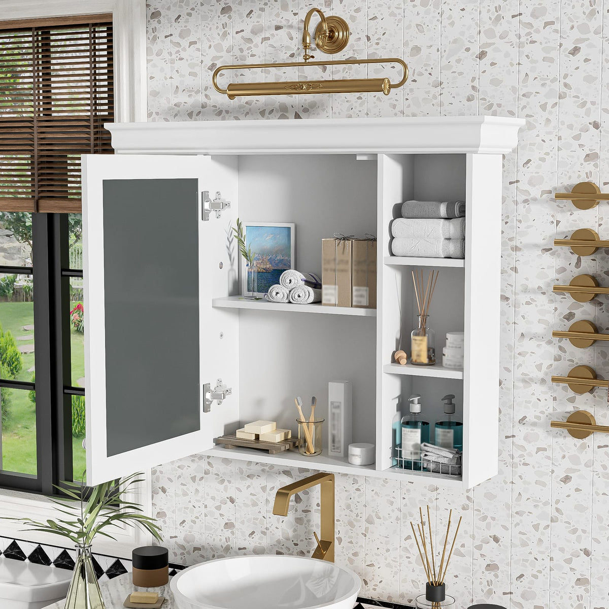 35'' White Wall Mounted Bathroom Storage Cabinet with Mirror Door - MDF