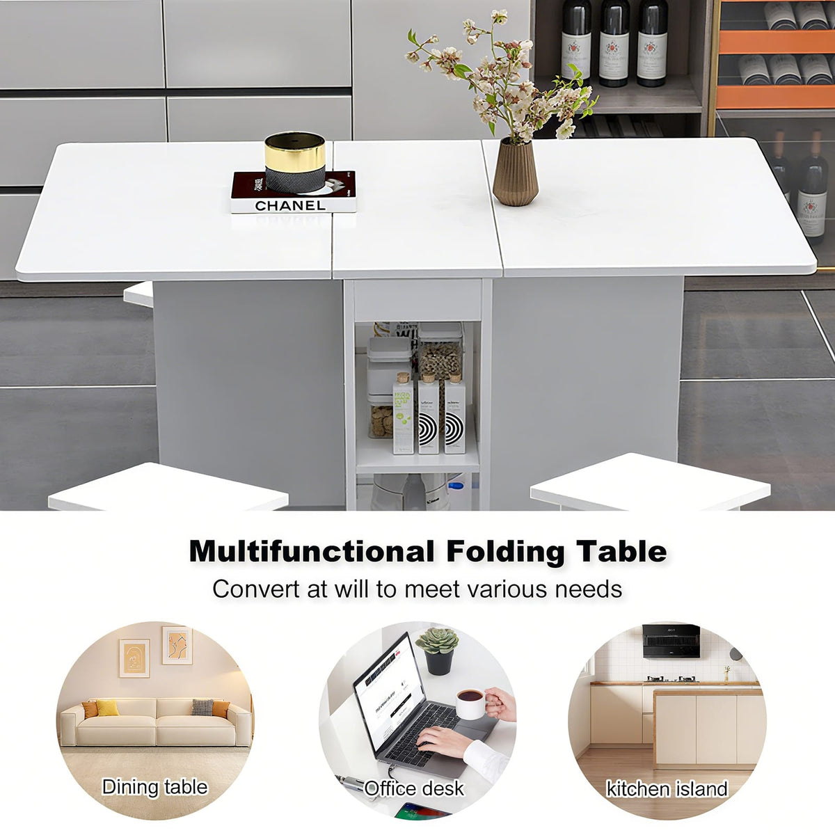 4-Person Rectangular Folding Dining Table Set - White MDF for Dining Room