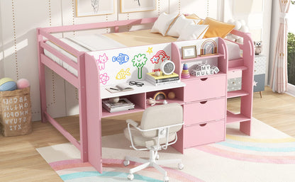 Pink Low Loft Bed with Desk & Storage - Full Size for Bedroom