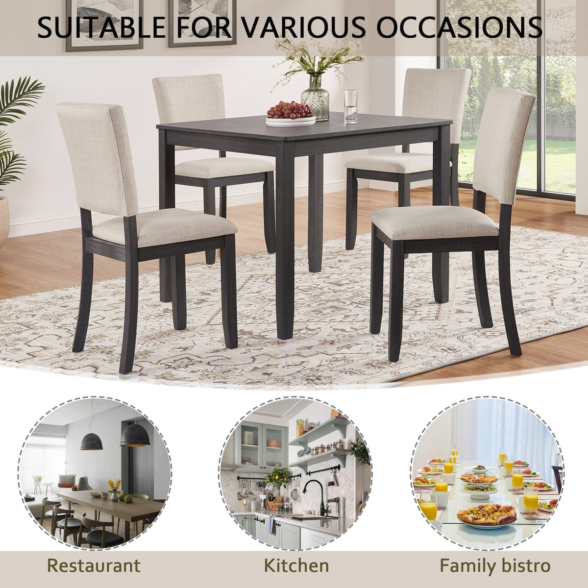 Antique Black Wood Dining Table Set - Seats 4 for Dining Room