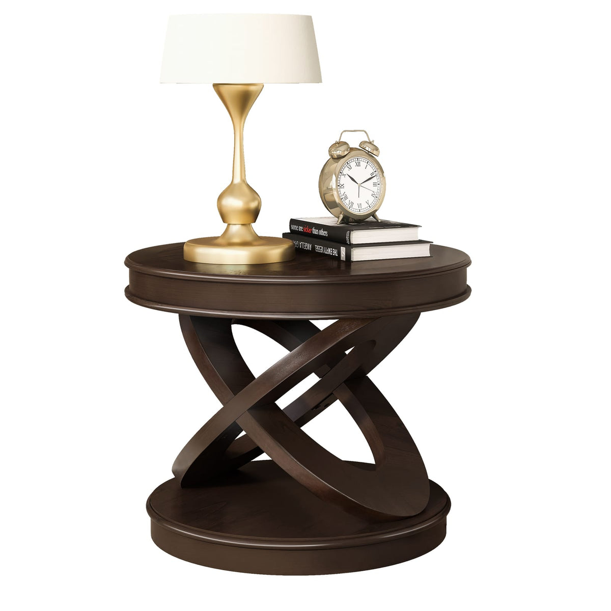 Retro Round Wooden End Table - Espresso, Sofa Side Table with X-Shape Base