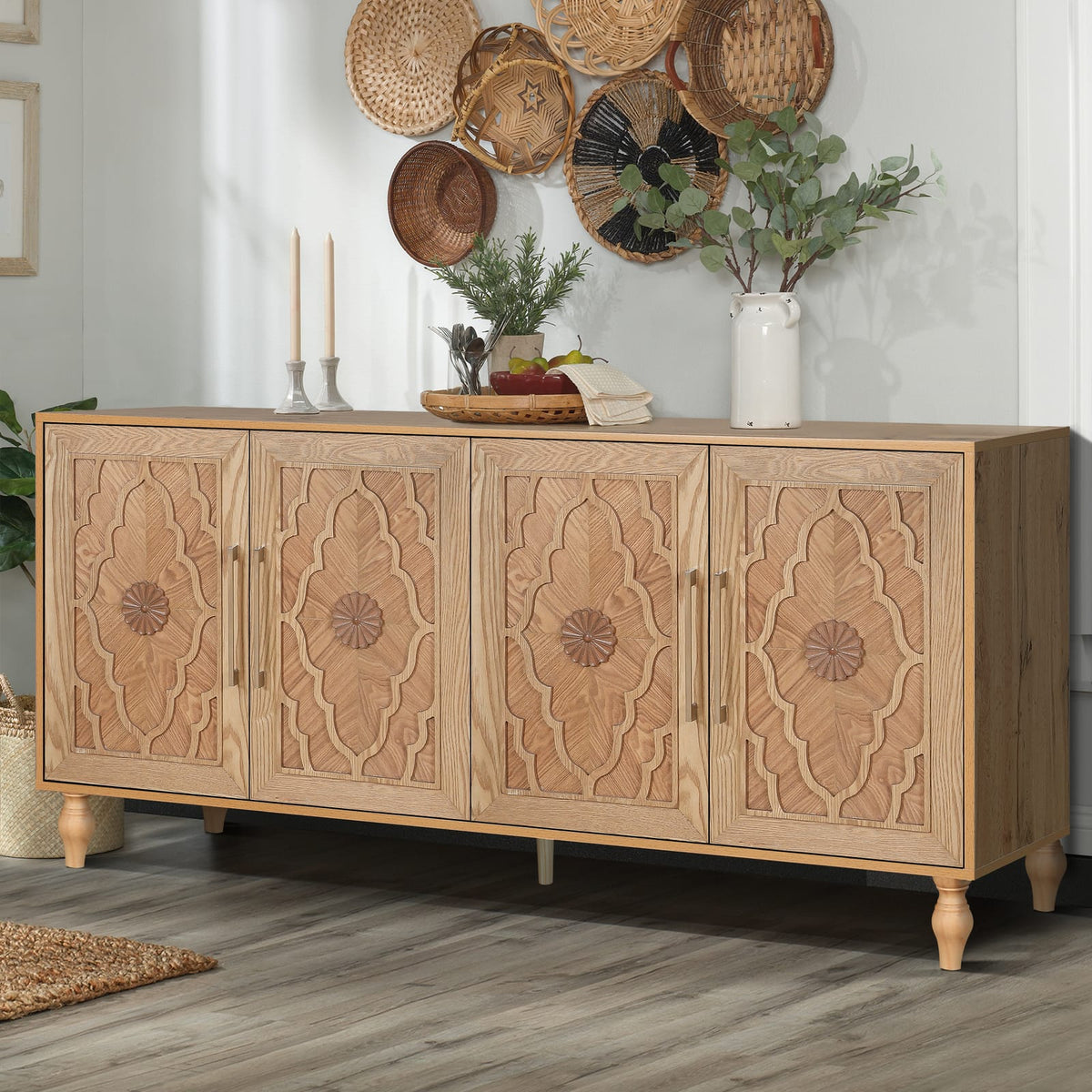 Large Carved Flower Door Cabinet - Natural Wood Storage
