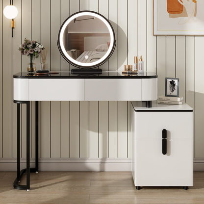 Modern White MDF Vanity with Tempered Glass Mirror and Storage for Bedroom