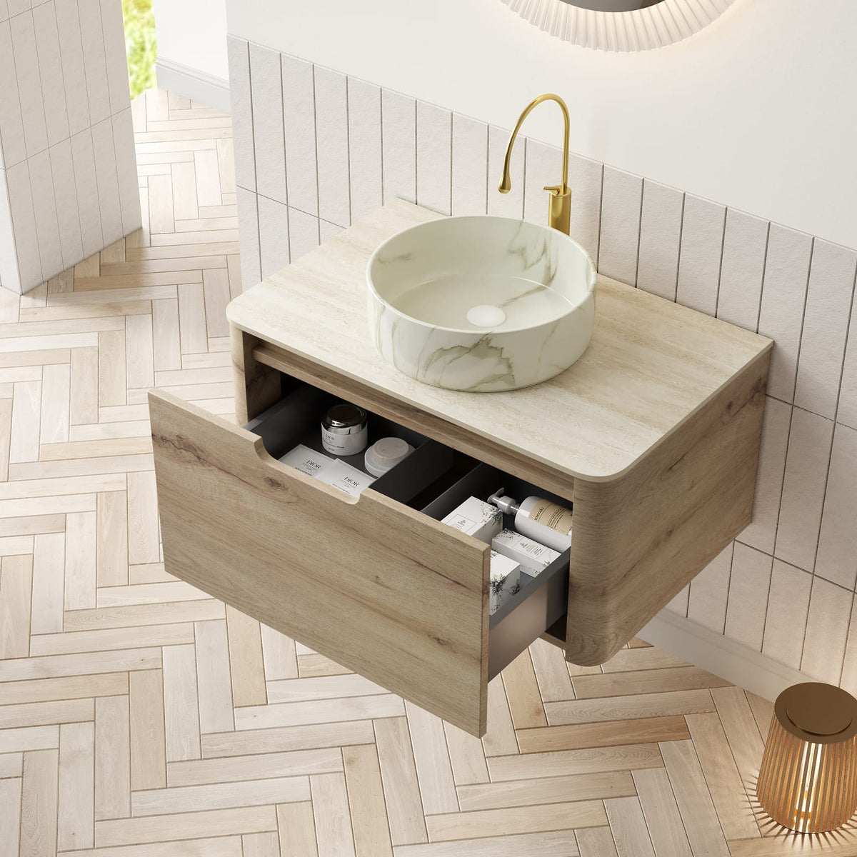 XAI 30" Bathroom Vanity & Sink - White Oak Storage Cabinet