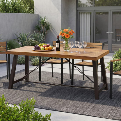 Transitional Acacia Wood Patio Dining Set with Iron Frame