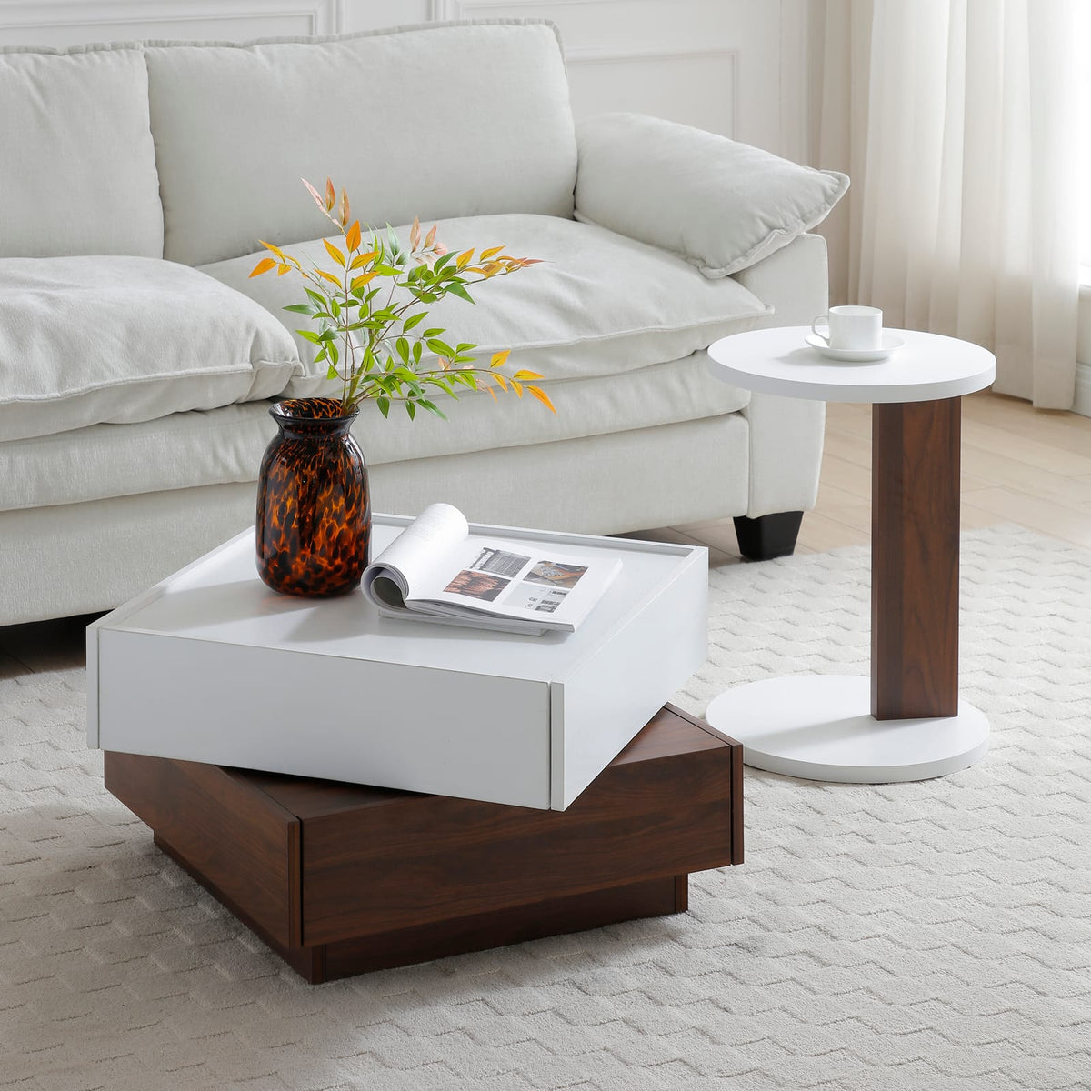 White Walnut C-Shaped End Table, Slim Side Table for Sofa for Living Room
