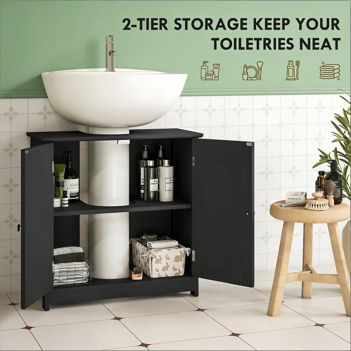 Black MDF Bathroom Sink Cabinet - Under Sink Storage