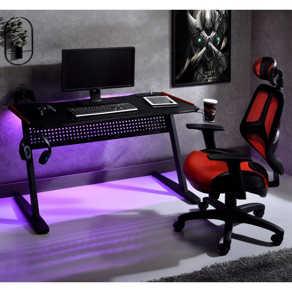 Black Red Gaming Table with LED Light and USB Charging Port