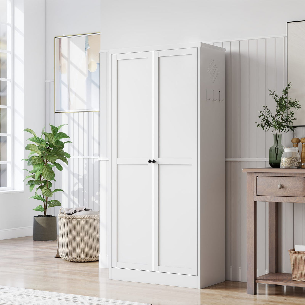 61" White Metal Kitchen Pantry Cabinet - Adjustable Storage