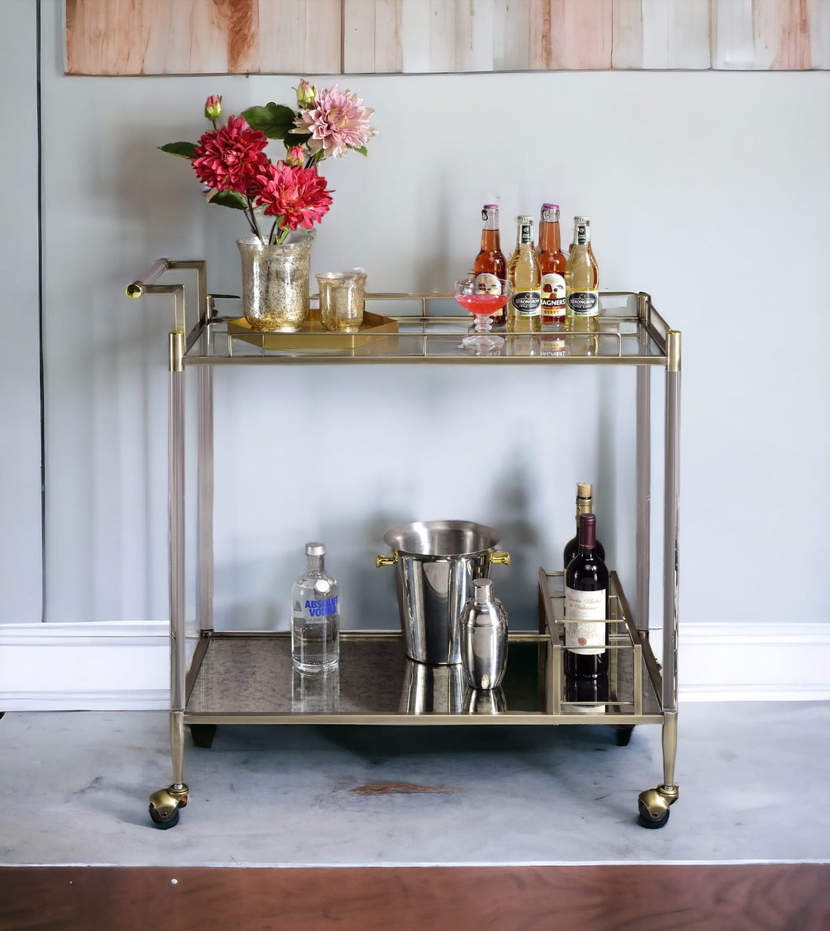 Antique Brass Glass Serving Cart for Kitchen Storage and Dining