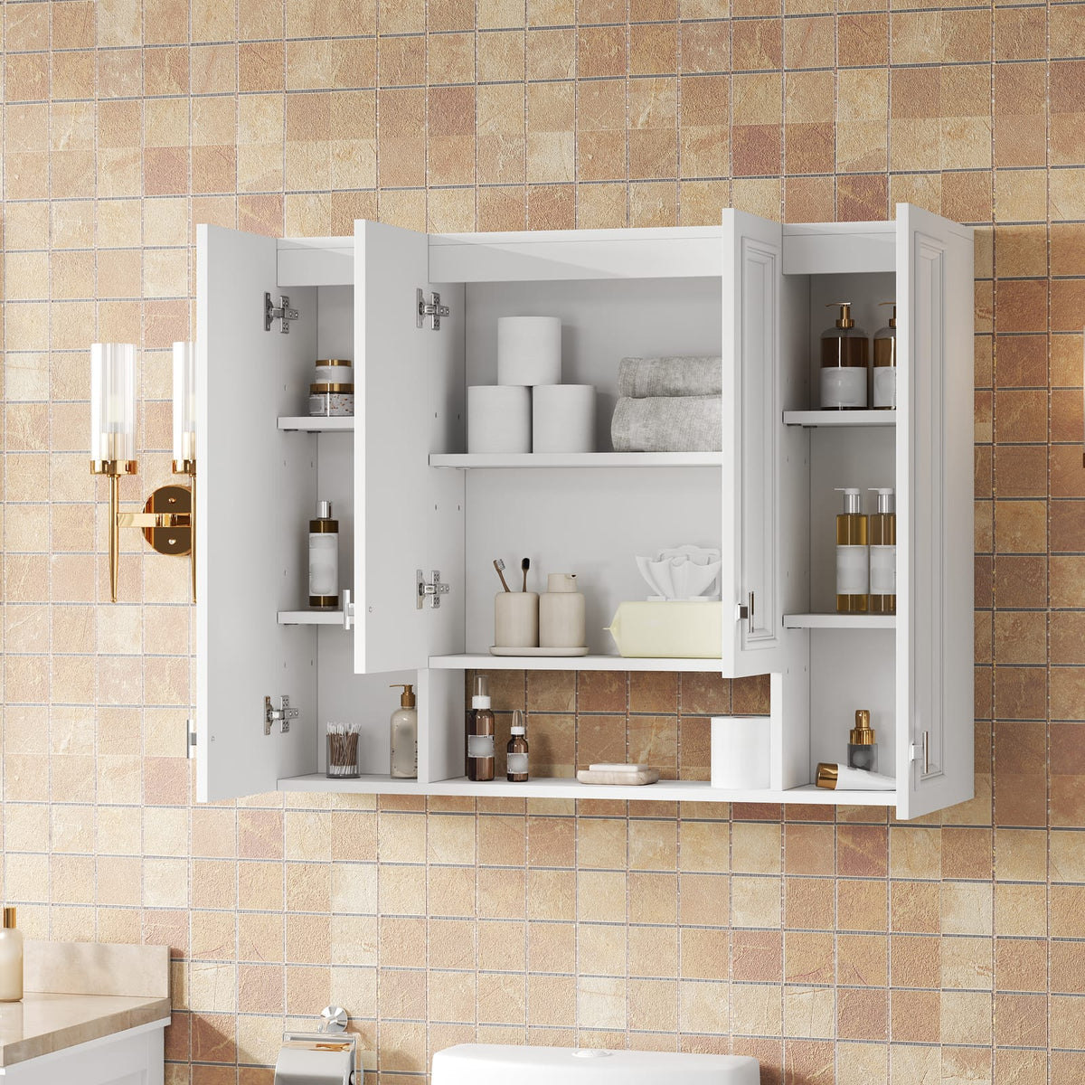Modern White Bathroom Cabinet - 5 Adjustable Shelves Wall Mounted Storage