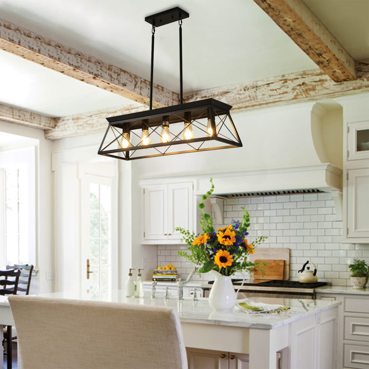 Black Industrial Pendant Chandelier - 5 Lights Adjustable