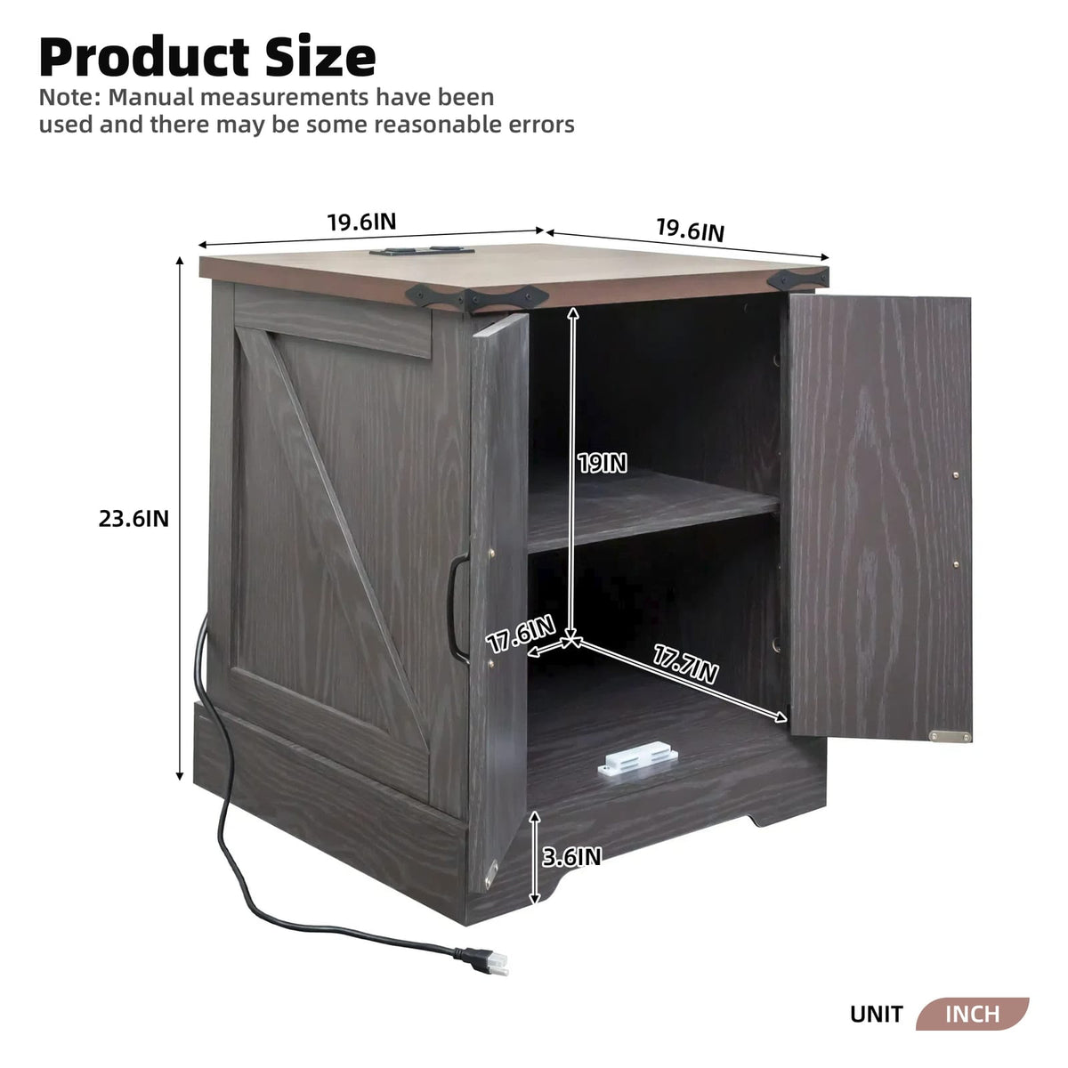 Rustic Grey End Table with Charging Station, Walnut Top, Storage for Living Room