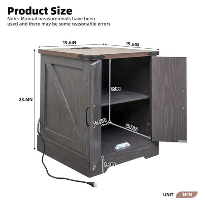 Rustic Grey End Table with Charging Station, Walnut Top, Storage for Living Room