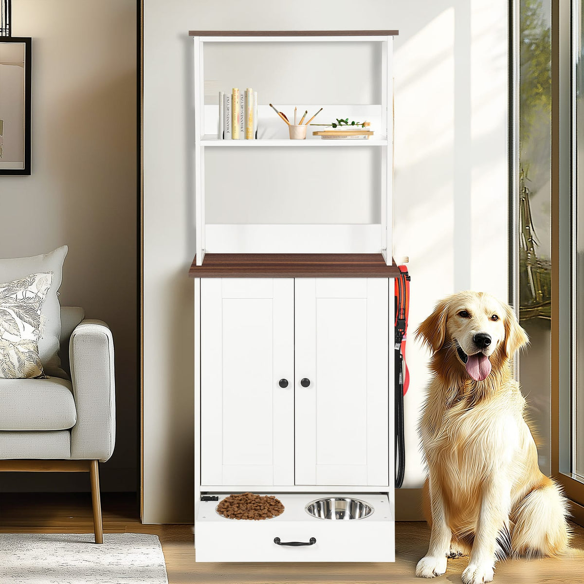 Dark Brown White Dog Bed Station with Storage