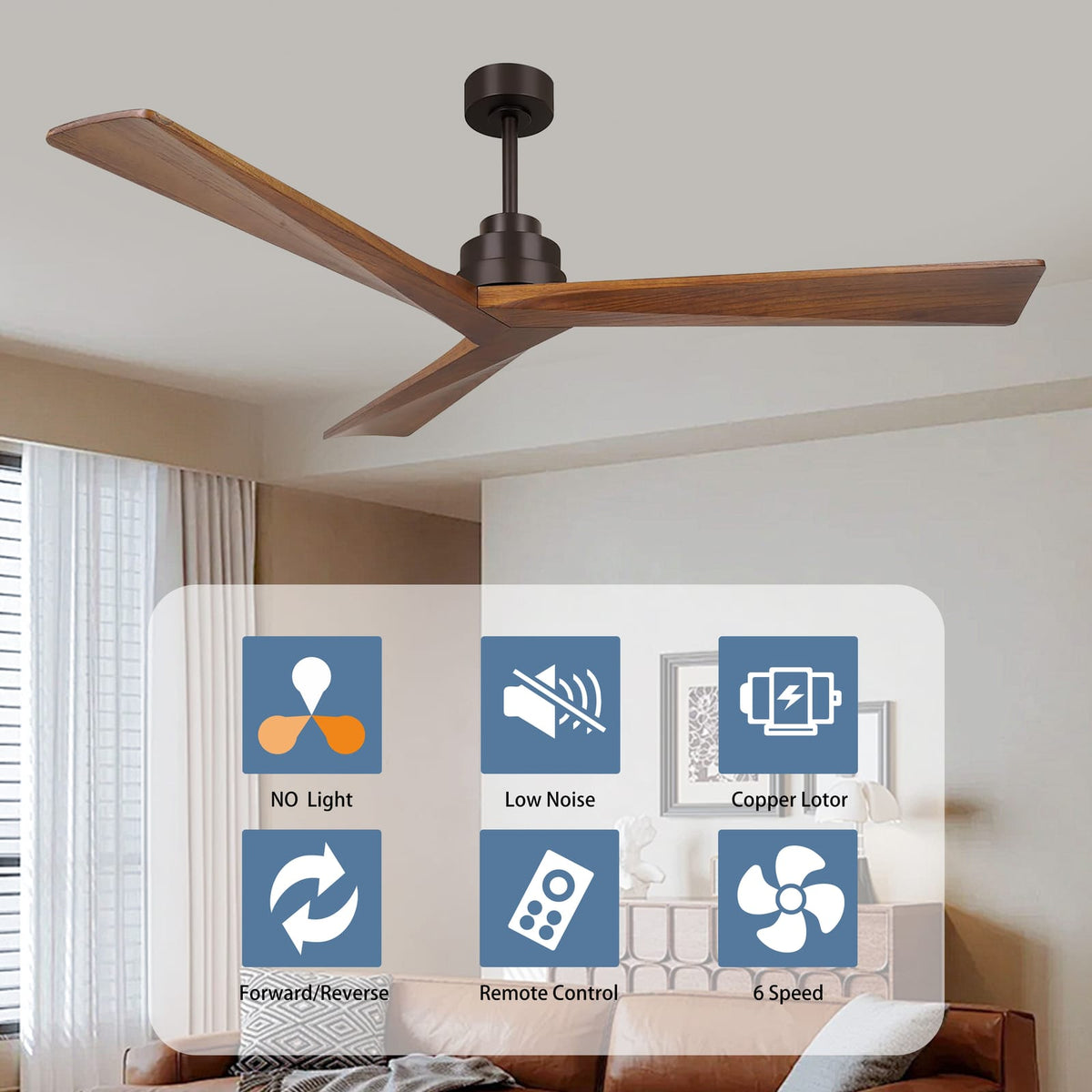 52" Wood Ceiling Fan NO Light - 3 Blades, Reversible DC Motor