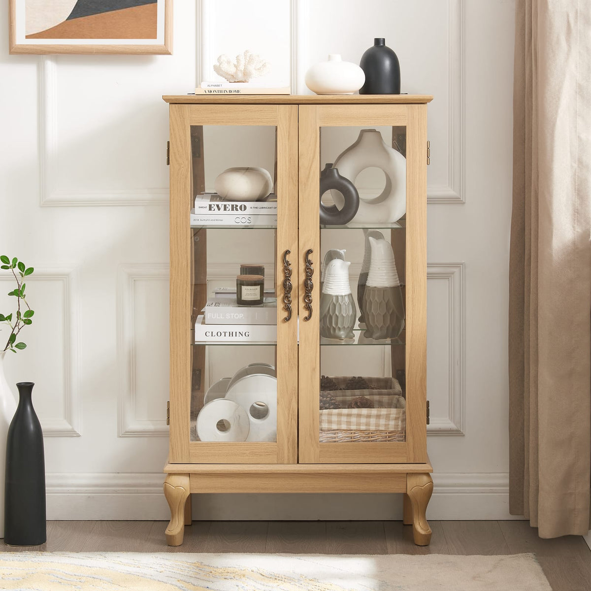 Oak Glass Curio Cabinet - 3 Shelves Display Cabinet