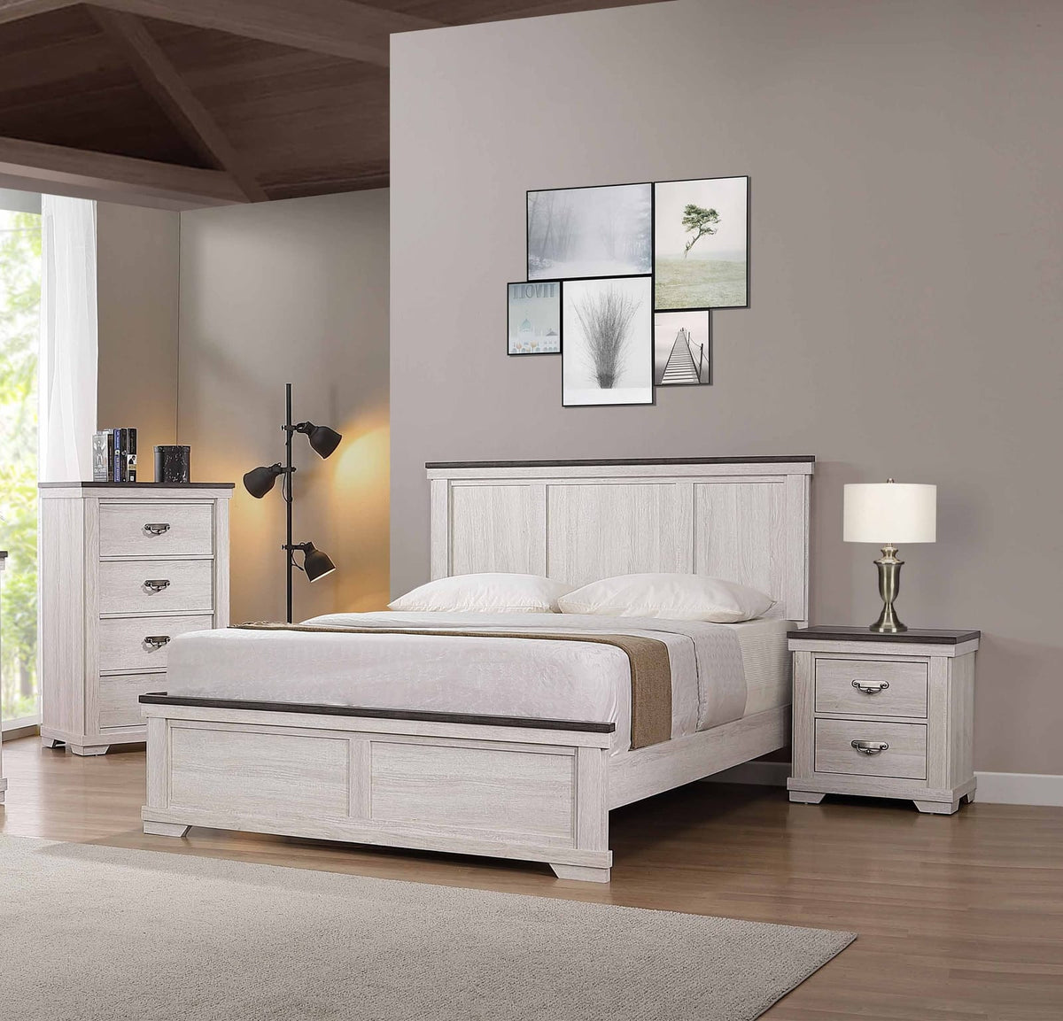 Beige Gray White Two Drawer Nightstand - Farmhouse Bedroom Nightstand