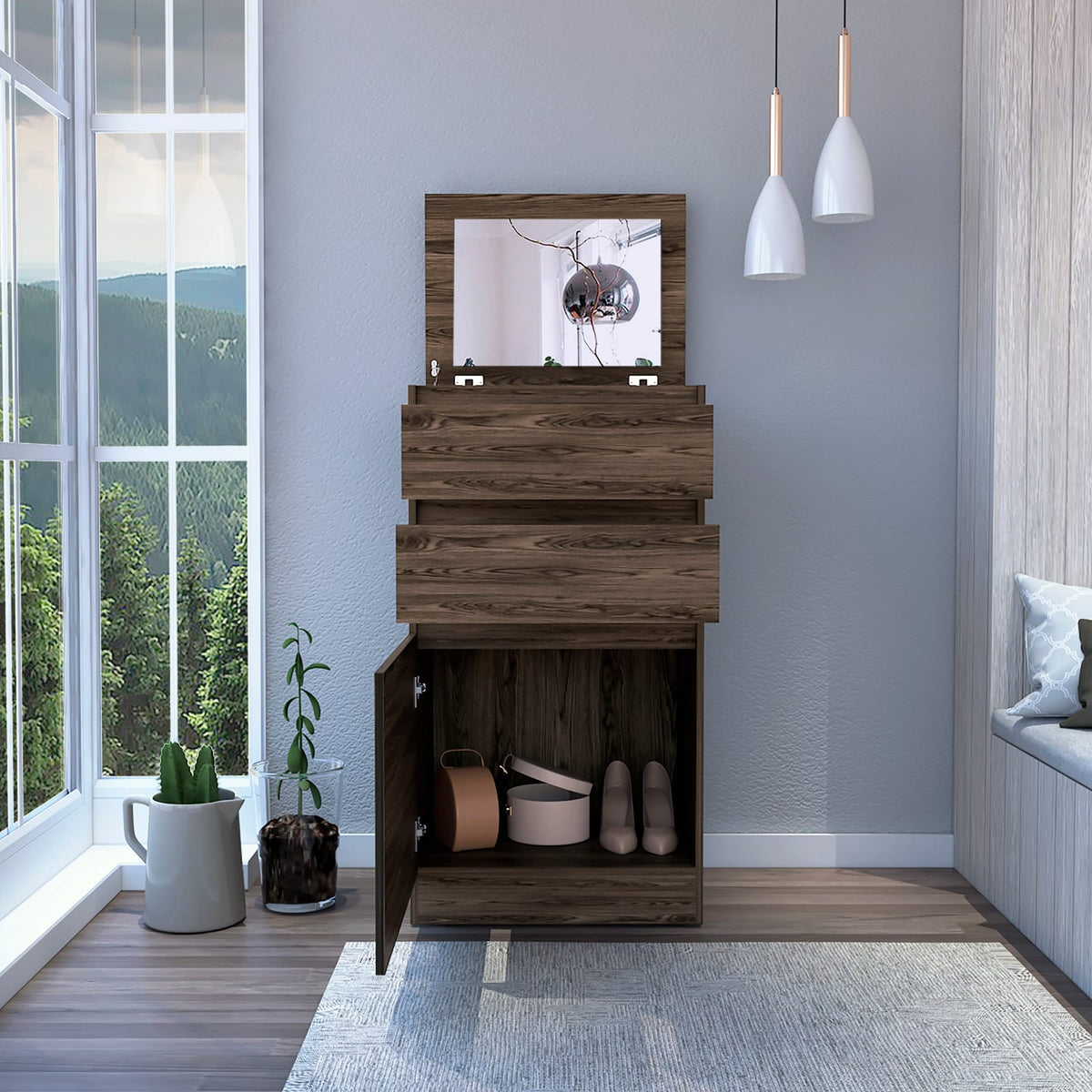 Brown Particle Board Dresser with Mirror and Storage, 43.60"H for Bedroom