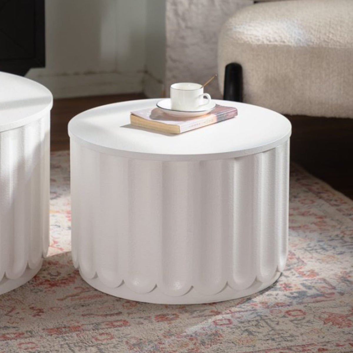 White Round Storage Table Set - Lift-Off Lid, Modern Design