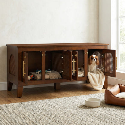 Walnut Rattan Dog Crate Cabinet Stylish Pet Furniture