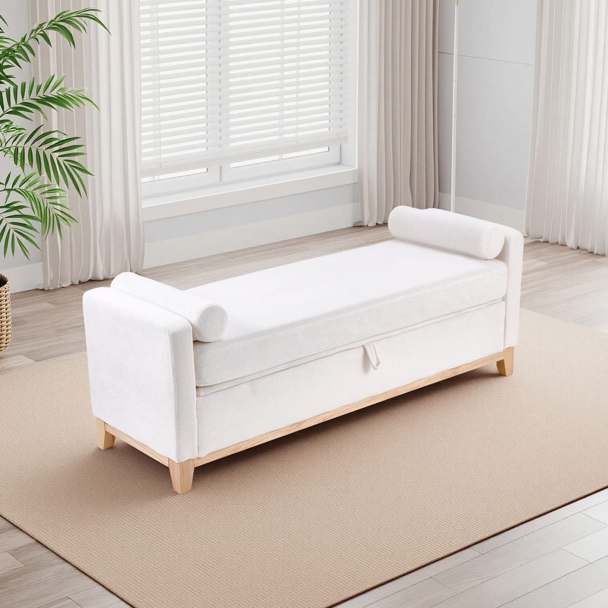 Living Room 66" Beige Sherpa Storage Bench with Bolster Pillows - Bedroom End Bench