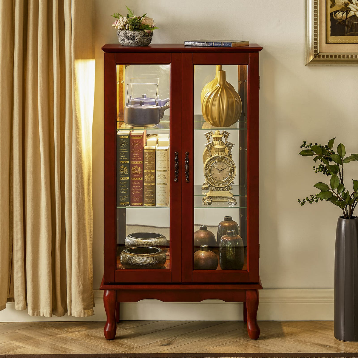 Cherry Mirrored Curio Cabinet - Adjustable Shelves & Lighting for Living Room