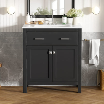 30" Black Bathroom Vanity with Ceramic Sink & Storage