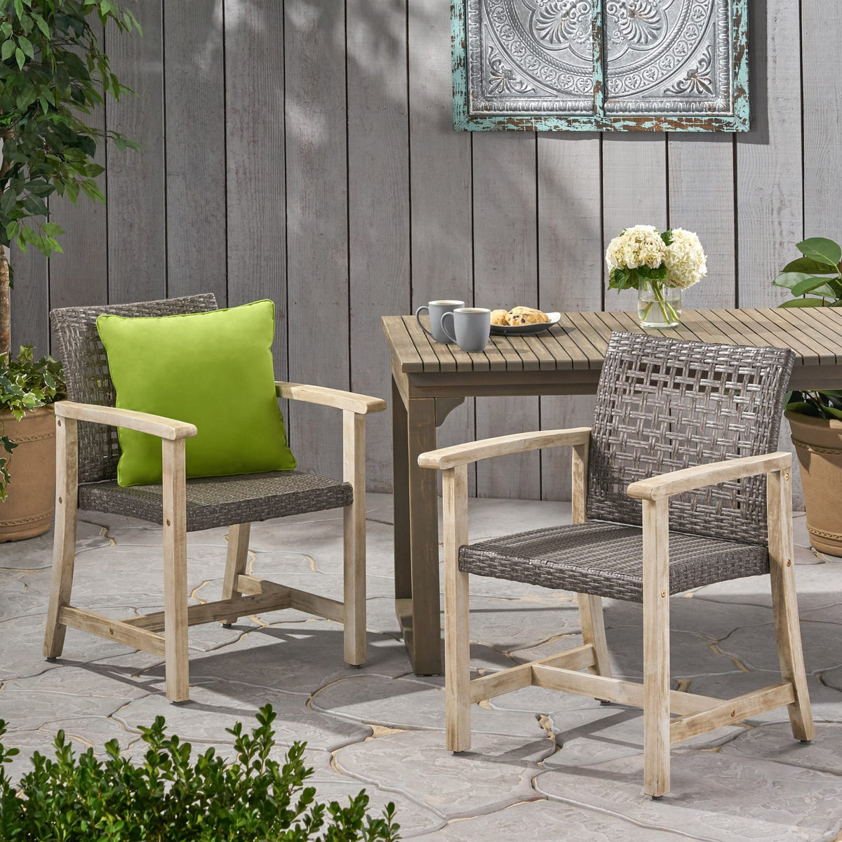 Hampton Wood & Wicker Dining Chairs (Set of 2) - Black + Grey