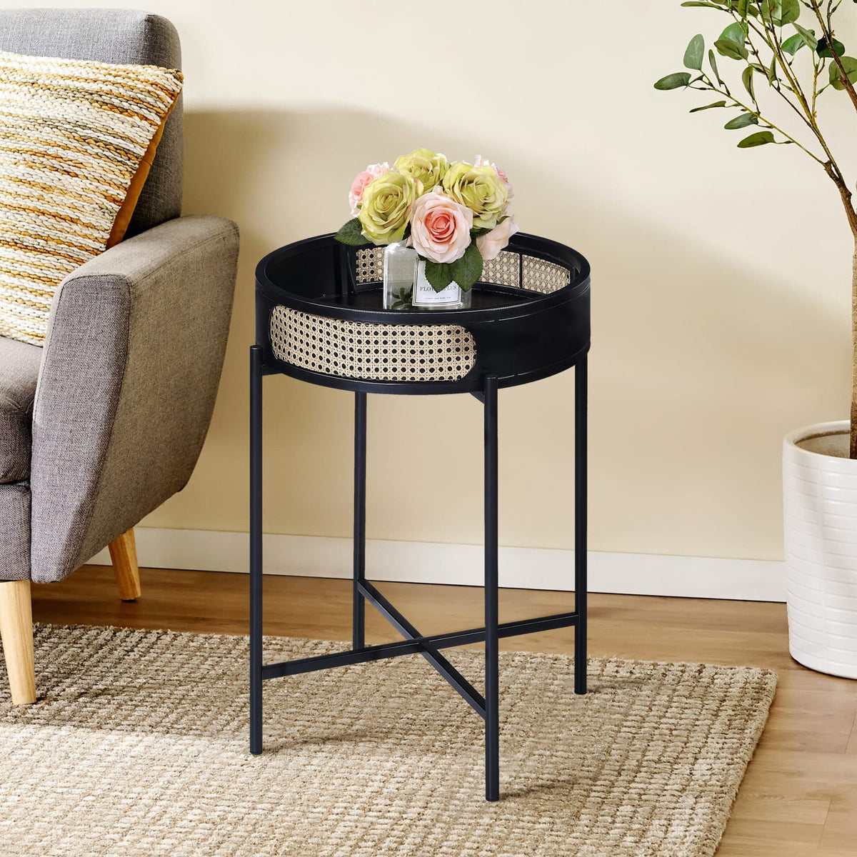 Round Black Wood Metal Nightstand Table