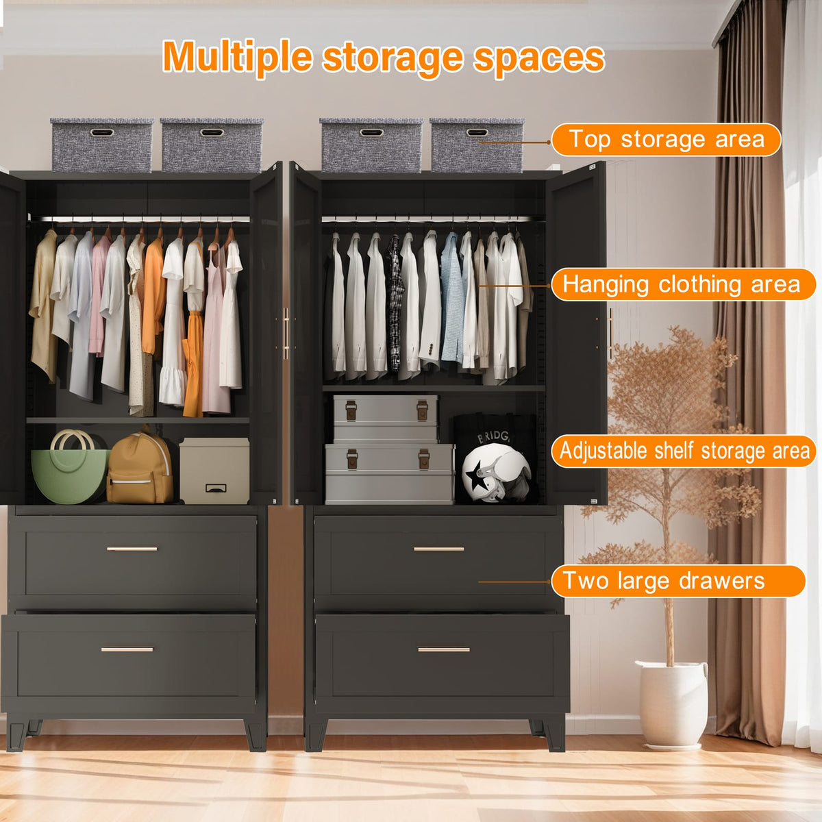 71 Inch Tall Black Steel Wardrobe Cabinet with Drawers