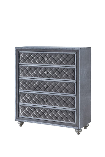 Gray Wood 5-Drawer Chest Bedroom Dresser Glam Style