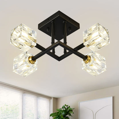 Matte Black Crystal Ceiling Light - 4 Lights