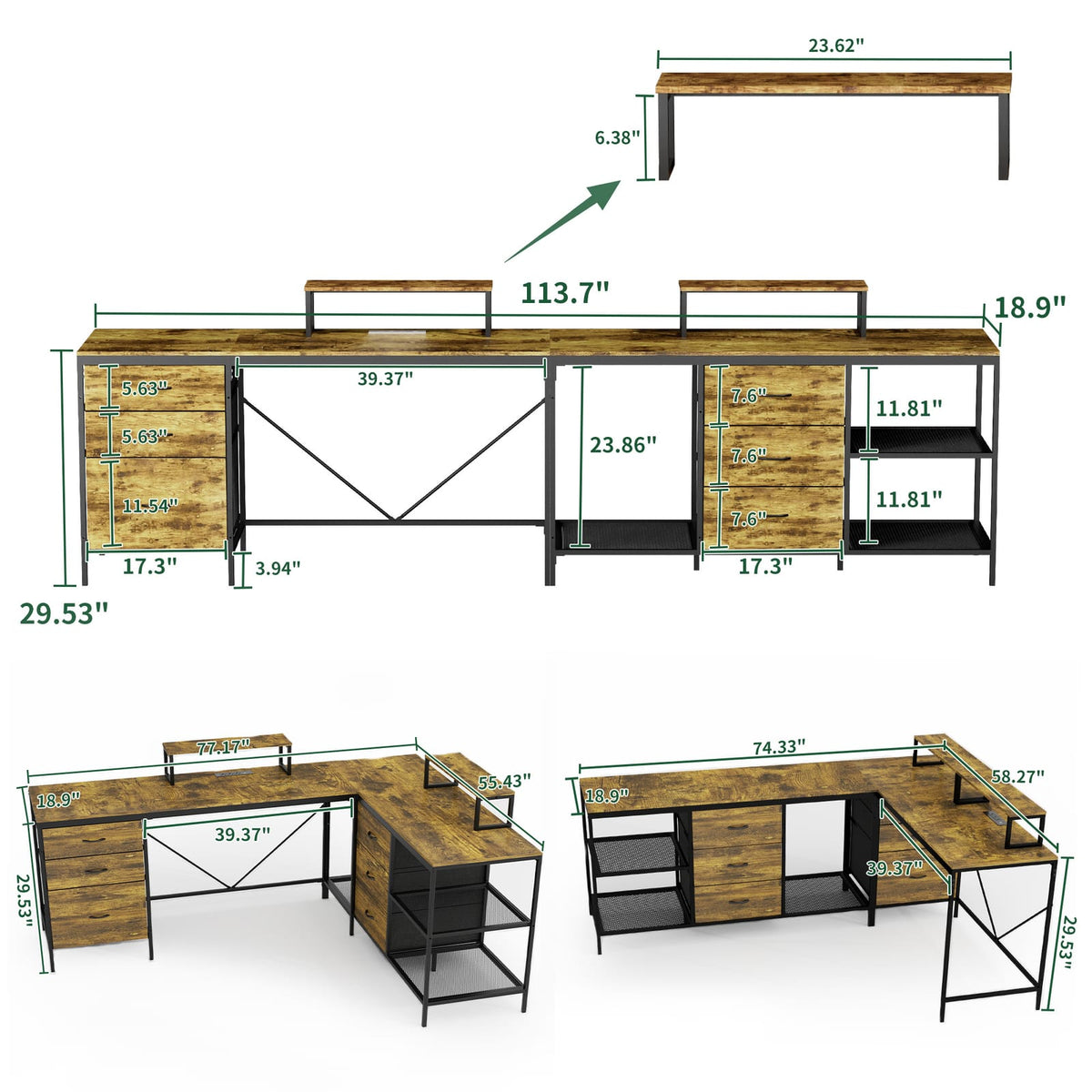 L-Shaped Gaming Desk with Power Hub - 6 Drawers, 114 Inch Brown