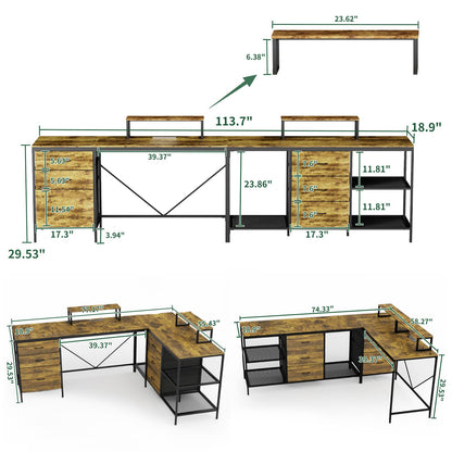 L-Shaped Gaming Desk with Power Hub - 6 Drawers, 114 Inch Brown