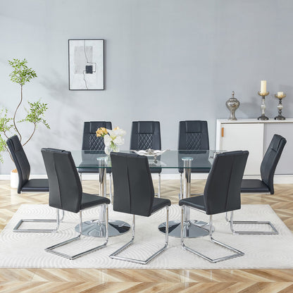 8 Seater Glass Dining Table Set with Modern PU Leather Chairs