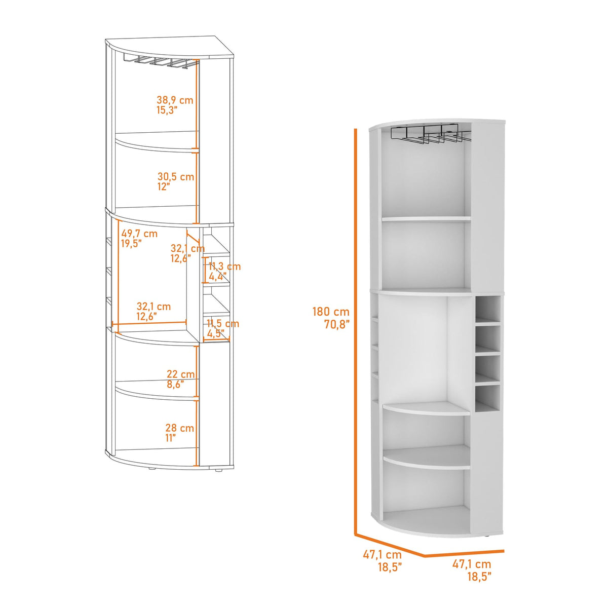 Corner Bar Cabinet with 5 Shelves & Wine Rack - White for Living Room
