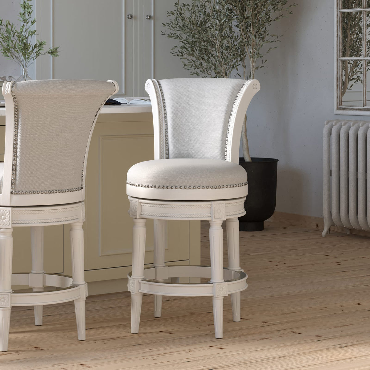 26" White Swivel Barstool - Wood & Fabric for Bedroom