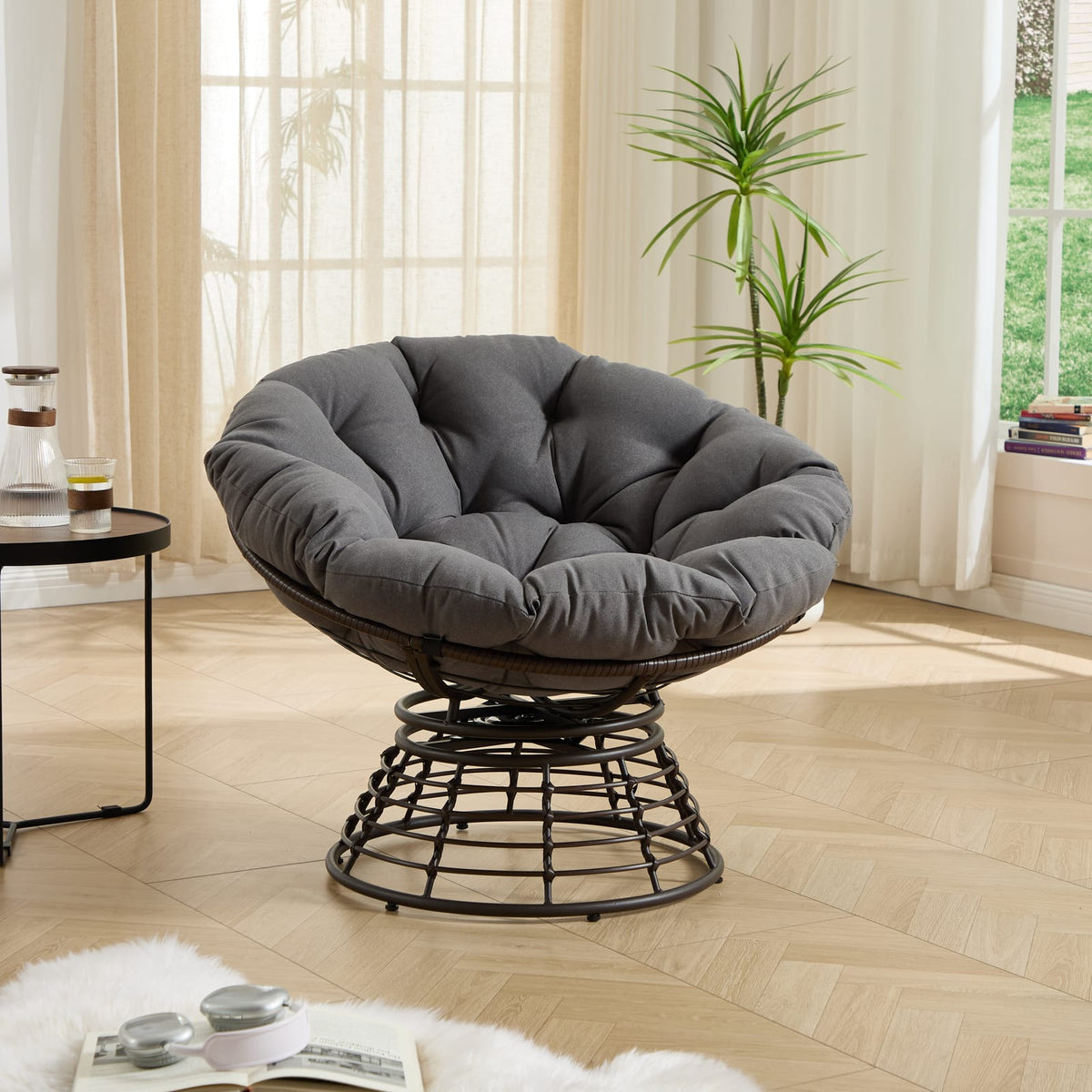 Grey Ergonomic Wicker Papasan Chair - 360° Swivel Indoor Outdoor Rattan Seat