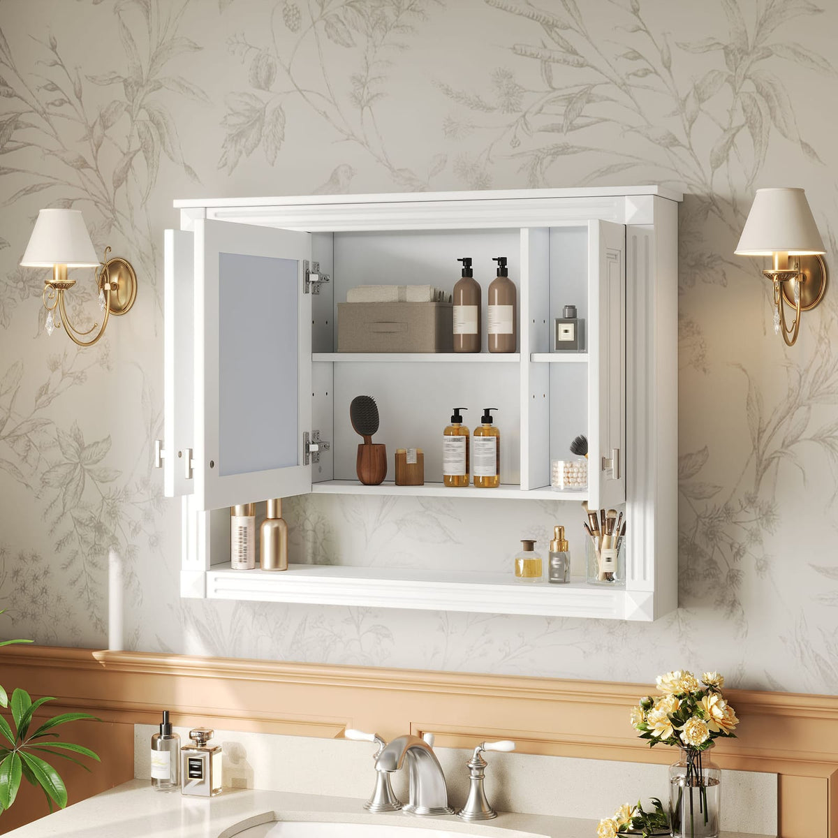 White Bathroom Storage Cabinet with Mirror - 35" Wall Mounted