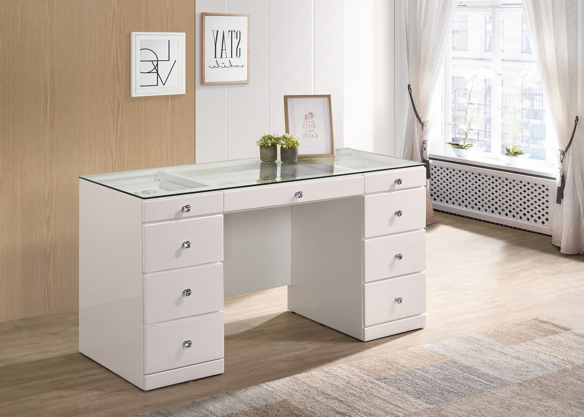 Glam Makeup Vanity Table - 9 Drawers White Wood