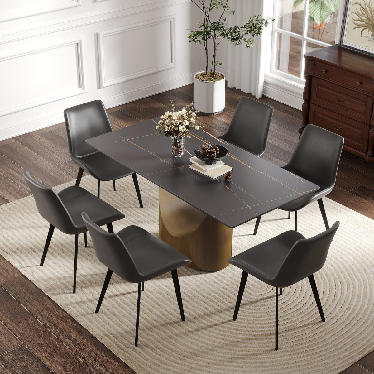 63 inch Modern Rectangular Dining Table in Sintered Stone Black