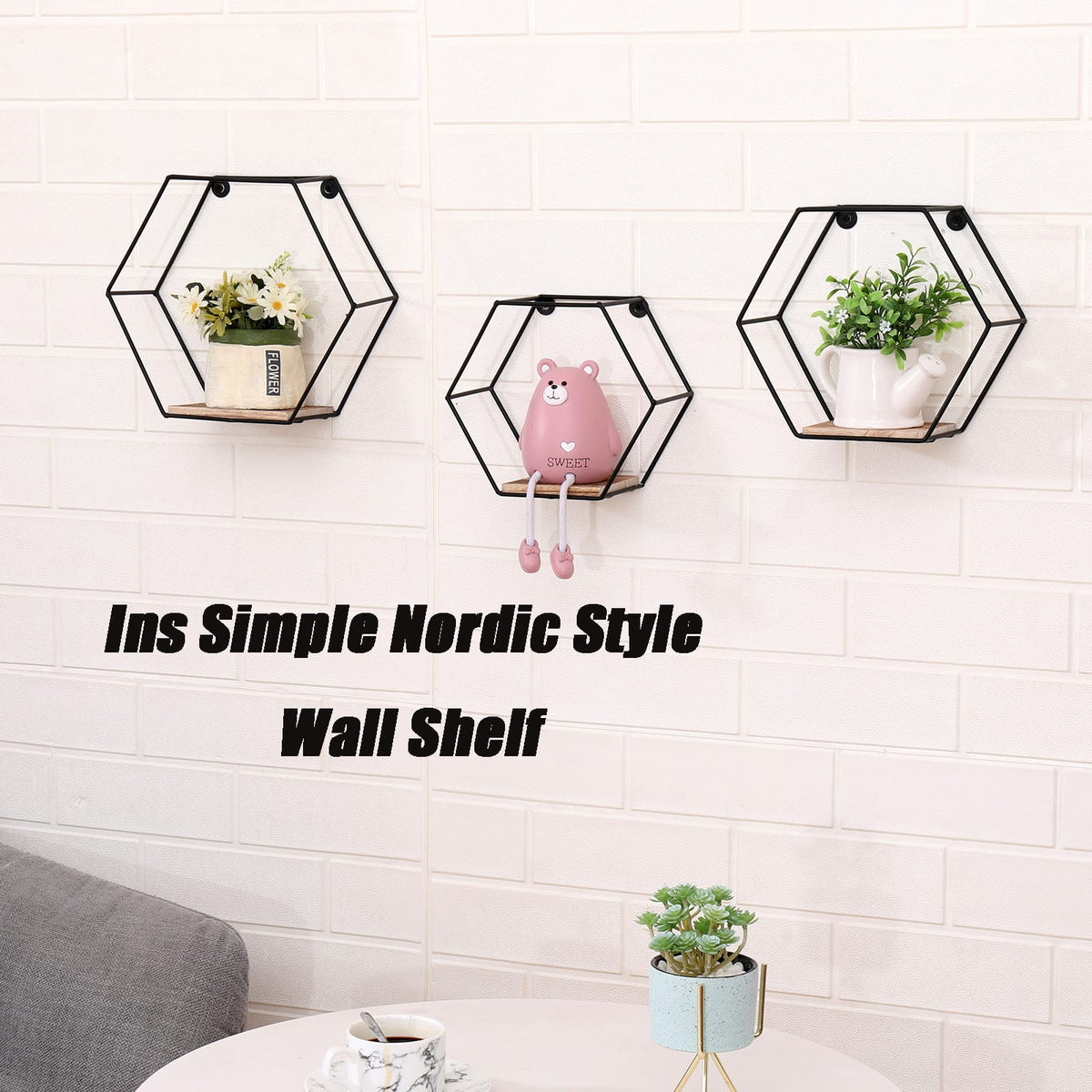 3 Tier Metal & Wood Floating Shelves - Natural Wood for Living Room