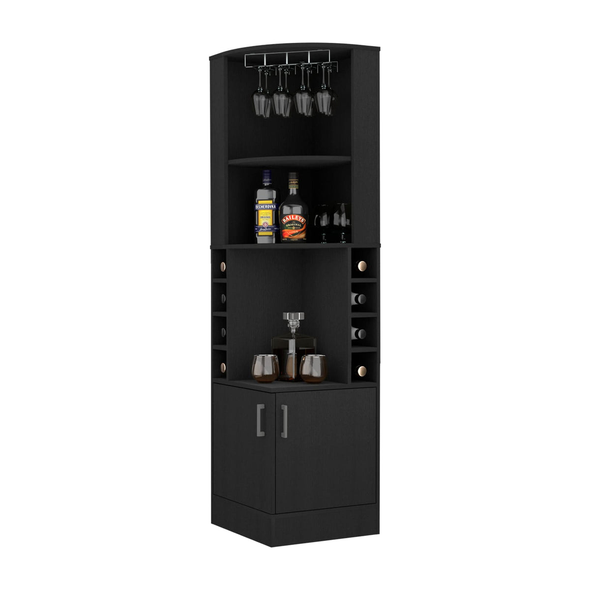 Black Corner Bar Cabinet with Wine Rack - 18.4"W x 18.4"D x 71.1"H