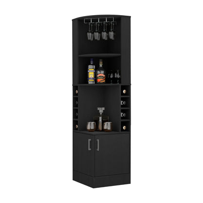 Black Corner Bar Cabinet with Wine Rack - 18.4"W x 18.4"D x 71.1"H