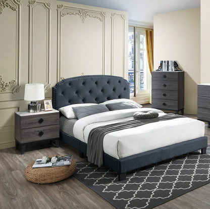 Charcoal Full Burlap Bed Frame with Button Tufted Headboard for Bedroom