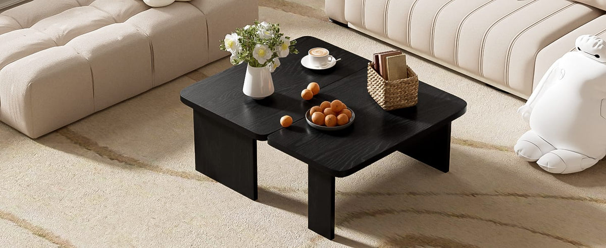 Black MDF Coffee Table - 2-Part Modular Design for Living Room