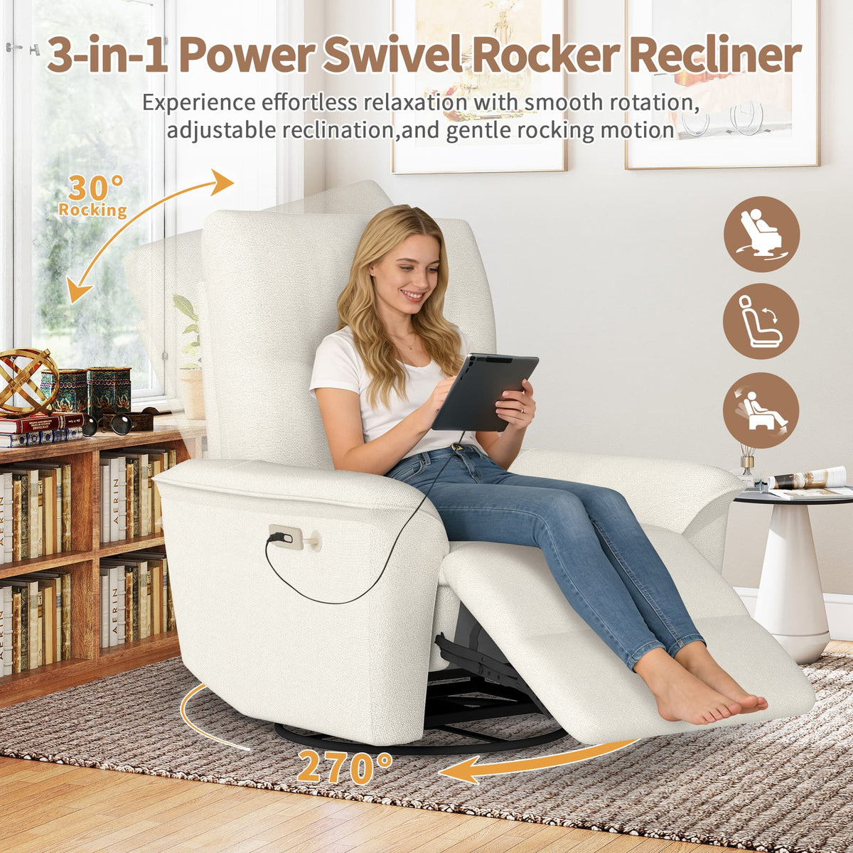 Beige Power Recliner Chair with USB - 270° Swivel & Rocker for Living Room
