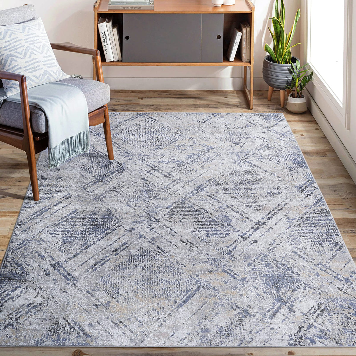 6x9 Blue Geometric Area Rug - Stain Resistant Living Room Rug